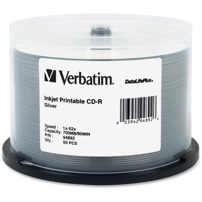 Verbatim CD-R 80MIN 700MB 52x DatalifePlus Silver Inkjet Printable 50pk Spindle 94892