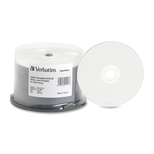 Verbatim DVD+R 4.7GB 16x DataLifePlus White Inkjet Hub Printable 50pk Spindle 94917