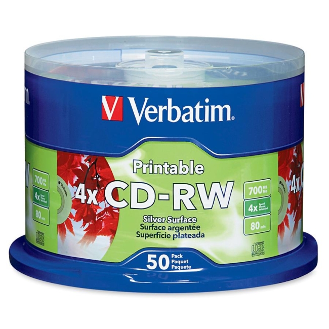 Verbatim CD-RW 80MIN 700MB 2x-4x DataLifePlus Silver Inkjet Printable 50pk Spindle 95159