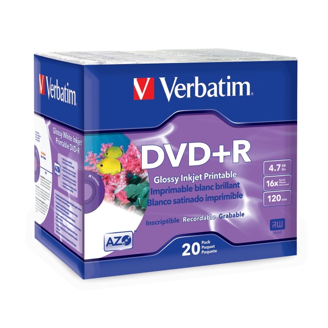 Verbatim DVD+R 4.7GB 16x Glossy White Inkjet Printable 20pk Slim Case 96122