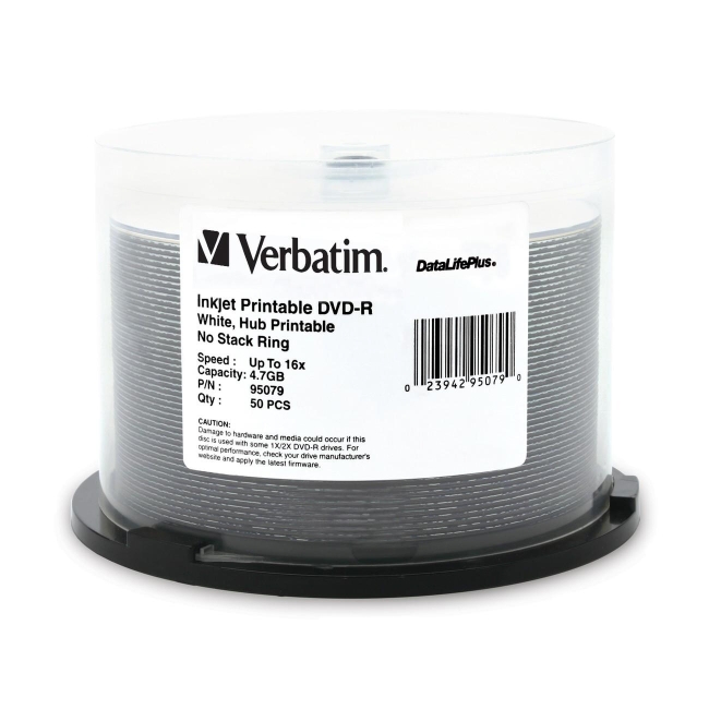 Verbatim DVD-R 4.7GB 16x DataLifePlus White Inkjet Hub Printable 50pk Spindle 95079