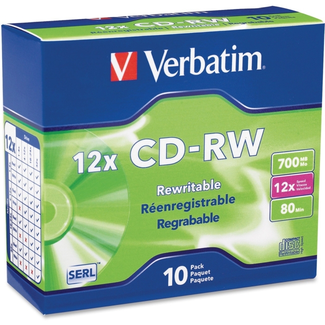 Verbatim CD-RW 80MIN 700MB 4x-12x High Speed 10pk Slim Case 95156