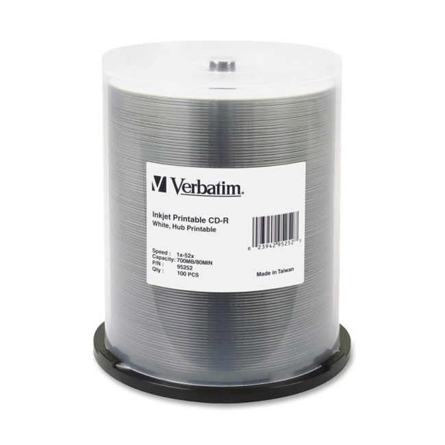 Verbatim CD-R 80MIN 700MB 52x White Inkjet Printable, Hub Printable 100pk Spindle 95252