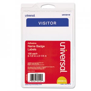 Universal "Visitor" Self-Adhesive Name Badges, 3 1/2 x 2 1/4, White/Blue, 100/Pack UNV39110