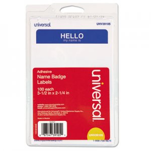 Universal "Hello" Self-Adhesive Name Badges, 3 1/2 x 2 1/4, White/Blue, 100/Pack UNV39105