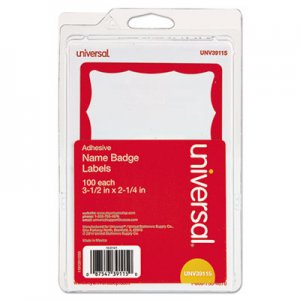 Universal Border-Style Self-Adhesive Name Badges, 3 1/2 x 2 1/4, White/Red, 100/Pack UNV39115