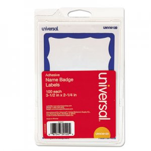 Universal Border-Style Self-Adhesive Name Badges, 3 1/2 x 2 1/4, White/Blue, 100/Pack UNV39120