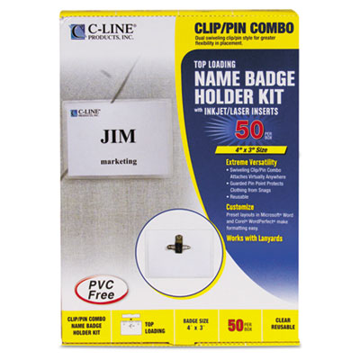 C-Line Badge Holder Kits, Top Load, 3 x 4, White, Combo Clip/Pin, 50/Box 95743 CLI95743