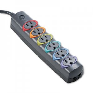 Kensington SmartSockets Color-Coded Strip Surge Protector, 6 Outlets, 6 ft Cord, 670 Joules KMW62146 K62146NA