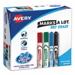 Avery Marks-A-Lot Desk/Pen-Style Dry Erase Marker, Chisel/Bullet Tip, Assorted, 24/PK AVE29870 29870