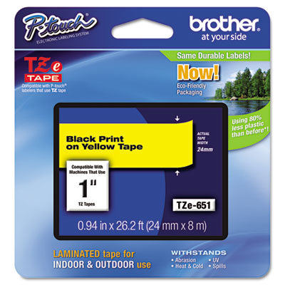 Brother P-Touch TZe Standard Adhesive Laminated Labeling Tape, 1w, Black on Yellow TZE651 BRTTZE651