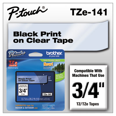 Brother P-Touch TZe Standard Adhesive Laminated Labeling Tape, 3/4w, Black on Clear TZE141 BRTTZE141