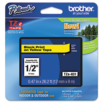 Brother P-Touch TZe Standard Adhesive Laminated Labeling Tape, 1/2w, Black on Yellow TZE631 BRTTZE631