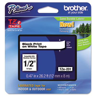 Brother P-Touch TZe Standard Adhesive Laminated Labeling Tape, 1/2w, Black on White TZE231 BRTTZE231