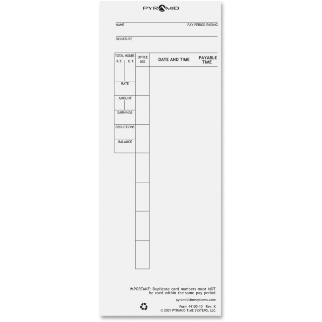 Pyramid Time Time Card for Models 4000 & 5000 Series Time Clocks 44100-10