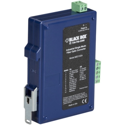 Black Box Industrial DIN Rail RS-232/RS-422/RS-485 Fiber Driver, Single-Mode MED102A