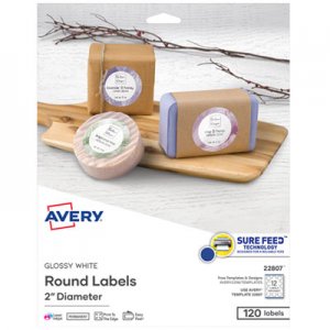 Avery Round Print-to-the Edge Labels with Sure Feed and Easy Peel, 2" dia, Glossy White, 120/PK AVE22807