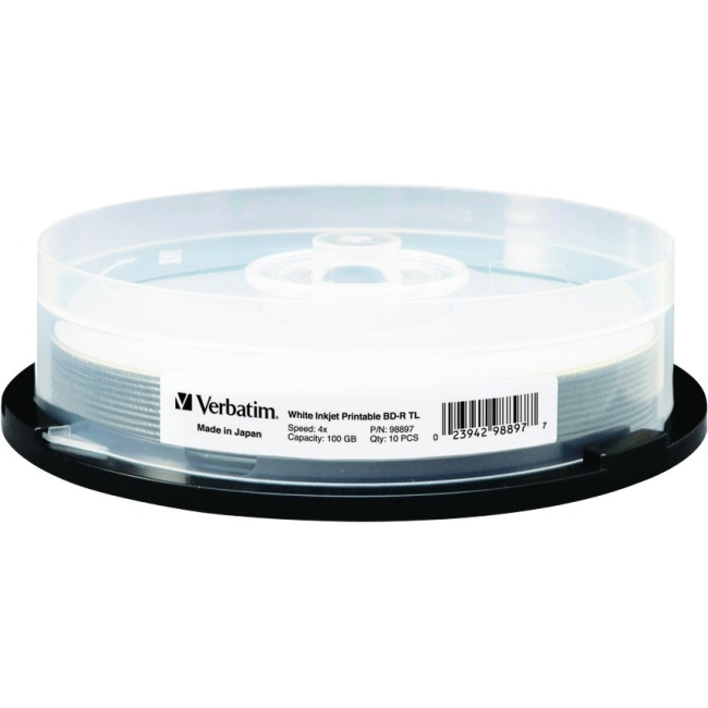 Verbatim BD-R TL 100GB 4X White Inkjet Printable, Hub Printable - 10pk Spindle 98897