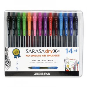 Zebra Sarasa Dry Gel X20 Retractable Gel Pen, Medium 0.7mm, Assorted Ink/Barrel, 14/Pack ZEB46824 46824