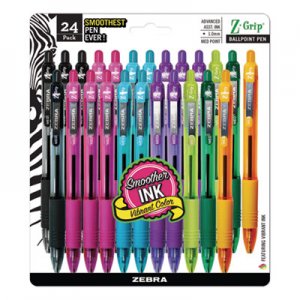 Zebra Z-Grip Retractable Ballpoint Pen, 1 mm, Assorted Ink, Clear Barrel, 24/Pack ZEB12271 12271