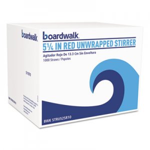 Boardwalk Single-Tube Stir-Straws, 5 1/4", Red, 1000/Pack, 10/Carton BWKSTRU525R10