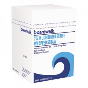 Boardwalk Wrapped Jumbo Straws, 7 3/4", Plastic, Red w/White Stripe, 400/Pack, 25 Packs/CT BWKJSTW775S24