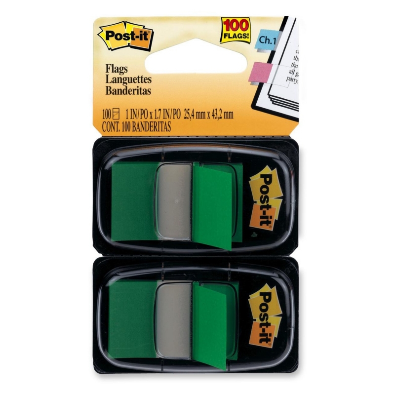 Post-it Post-it Flags, Green, 1 in Wide, 50/Dispenser, 2 Dispensers/Pack 680GN2 MMM680GN2