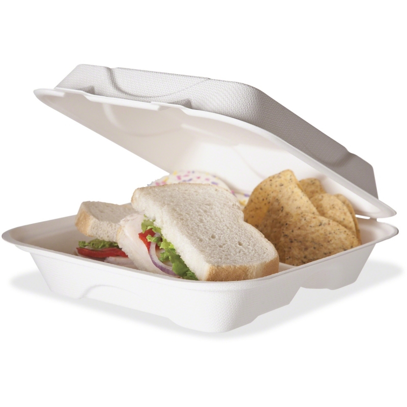 Eco-Products Eco-Products 9" x 9" x 3" 3-Compartment Hinged Sugarcane Clamshell EPHC93 ECOEPHC93