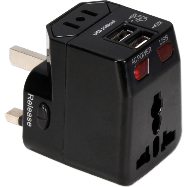 QVS Premium World Travel Power Adaptor with Surge Protection & 2.1A Dual-USB Charger PA-C4BK