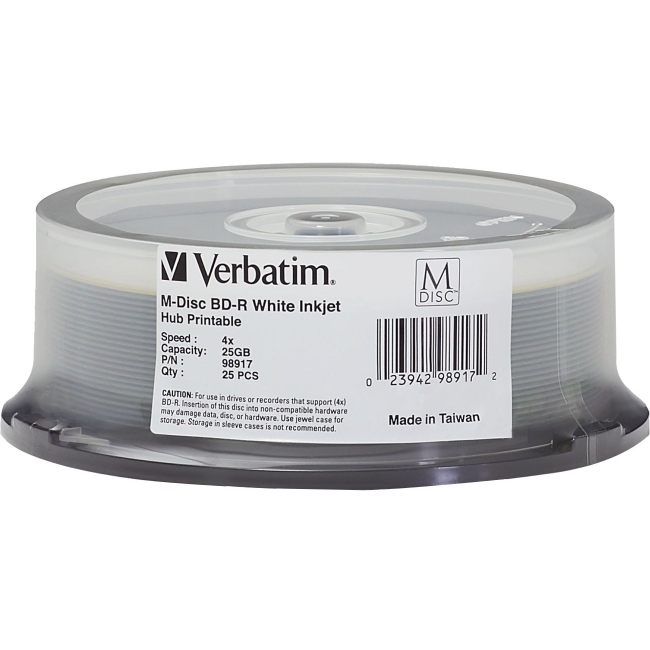 Verbatim M-Disc BD-R 25GB 4X White Inkjet Printable, Hub Printable - 25pk Spindle 98917
