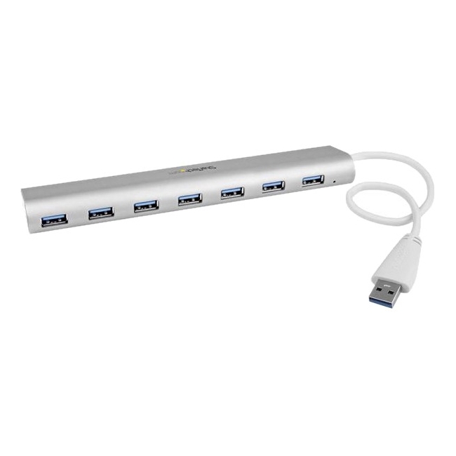 StarTech.com 7 Port Compact USB 3.0 Hub with Built-in Cable - Aluminum USB Hub - Silver ST73007UA