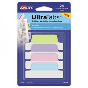 Avery Ultra Tabs Repositionable Margin Tabs, 1/5-Cut Tabs, Assorted Pastels, 2.5" Wide, 24/Pack AVE74769 74769