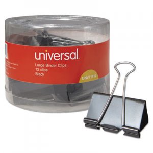 Universal Binder Clips in Dispenser Tub, Large, Black/Silver, 12/Pack UNV11112