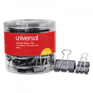 Universal Binder Clips in Dispenser Tub, Assorted Sizes, Black/Silver, 60/Pack UNV11160