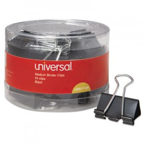 Universal Binder Clips in Dispenser Tub, Medium, Black/Silver, 24/Pack UNV11124