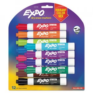 EXPO Low Odor Dry Erase Vibrant Color Markers, Broad Chisel Tip, Assorted Colors, 12/Set SAN1927525 1927525