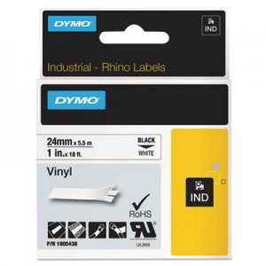 DYMO Rhino Permanent Vinyl Industrial Label Tape, 1" x 18 ft, White/Black Print DYM1805430 1805430