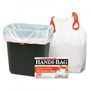 Handi-Bag Drawstring Kitchen Bags, 13 gal, 0.6 mil, 24" x 27.4", White, 50/Box, 6 Boxes/Carton