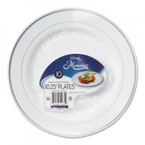 WNA Masterpiece Plastic Plates, 10.25 in, White w/Silver Accents, Round, 120/Carton WNARSM101210WS RSM101210WS