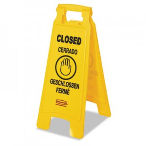 Rubbermaid Commercial Multilingual "Closed" Sign, 2-Sided, Plastic, 11w x 12d x 25h, Yellow RCP611278YEL FG611278YEL