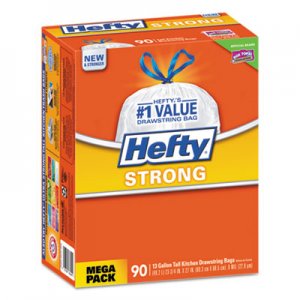 Hefty Strong Tall Kitchen Drawstring Bags, 13 gal, 0.9 mil, 23.75" x 27", White, 90/Box RFPE84574 E84574