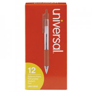 Universal Comfort Grip Retractable Ballpoint Pen, Medium 1mm, Red Ink, Clear Barrel, Dozen UNV15532
