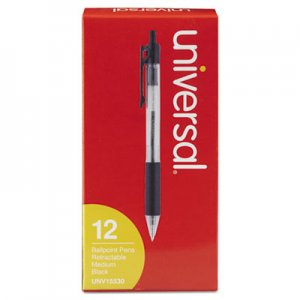 Universal Comfort Grip Retractable Ballpoint Pen, 1mm, Black Ink, Clear Barrel, Dozen UNV15530
