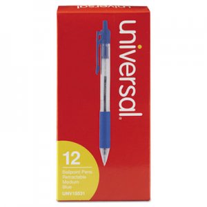 Universal Comfort Grip Retractable Ballpoint Pen, 1mm, Blue Ink, Clear Barrel, Dozen UNV15531