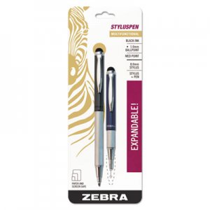 Zebra StylusPen Retractable Ballpoint Pen/Stylus, 1mm, Black Ink, Blue/Gray Barrel, Pair ZEB33602 33602