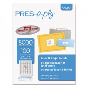 PRES-a-ply Labels, Inkjet/Laser Printers, 0.5 x 1.75, White, 80/Sheet, 100 Sheets/Pack AVE30640 30640