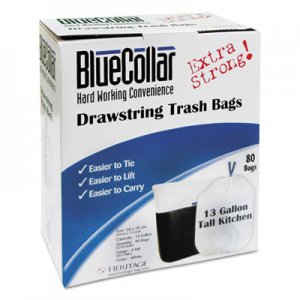 BlueCollar Drawstring Trash Bags, 13 gal, 0.8 mil, 24" x 28", White, 480/Carton HERN4828EWRC1CT N4828EW RC1