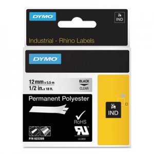 DYMO Rhino Permanent Vinyl Industrial Label Tape, 0.5" x 18 ft, Clear/Black Print DYM622289 622289