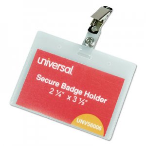 Universal Deluxe Clear Badge Holder w/Garment-Safe Clips, 2.25 x 3.5, White Insert, 50/Box UNV56006