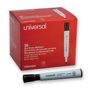 Universal Dry Erase Marker, Broad Chisel Tip, Black, 36/Pack UNV43655